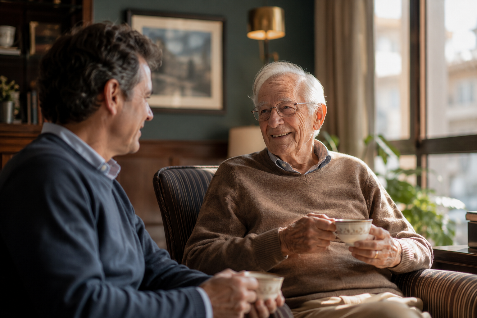 An older parent and their adult child share tea and easy conversation by a sunlit window.