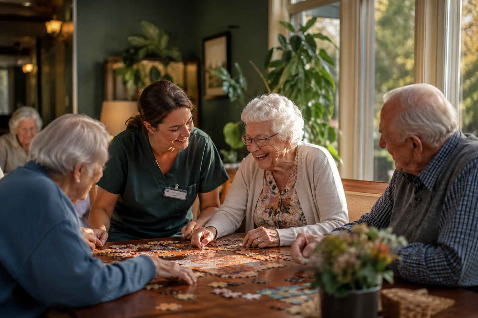 Seniors and a caregiver share a lively daytime activity in a bright community room.