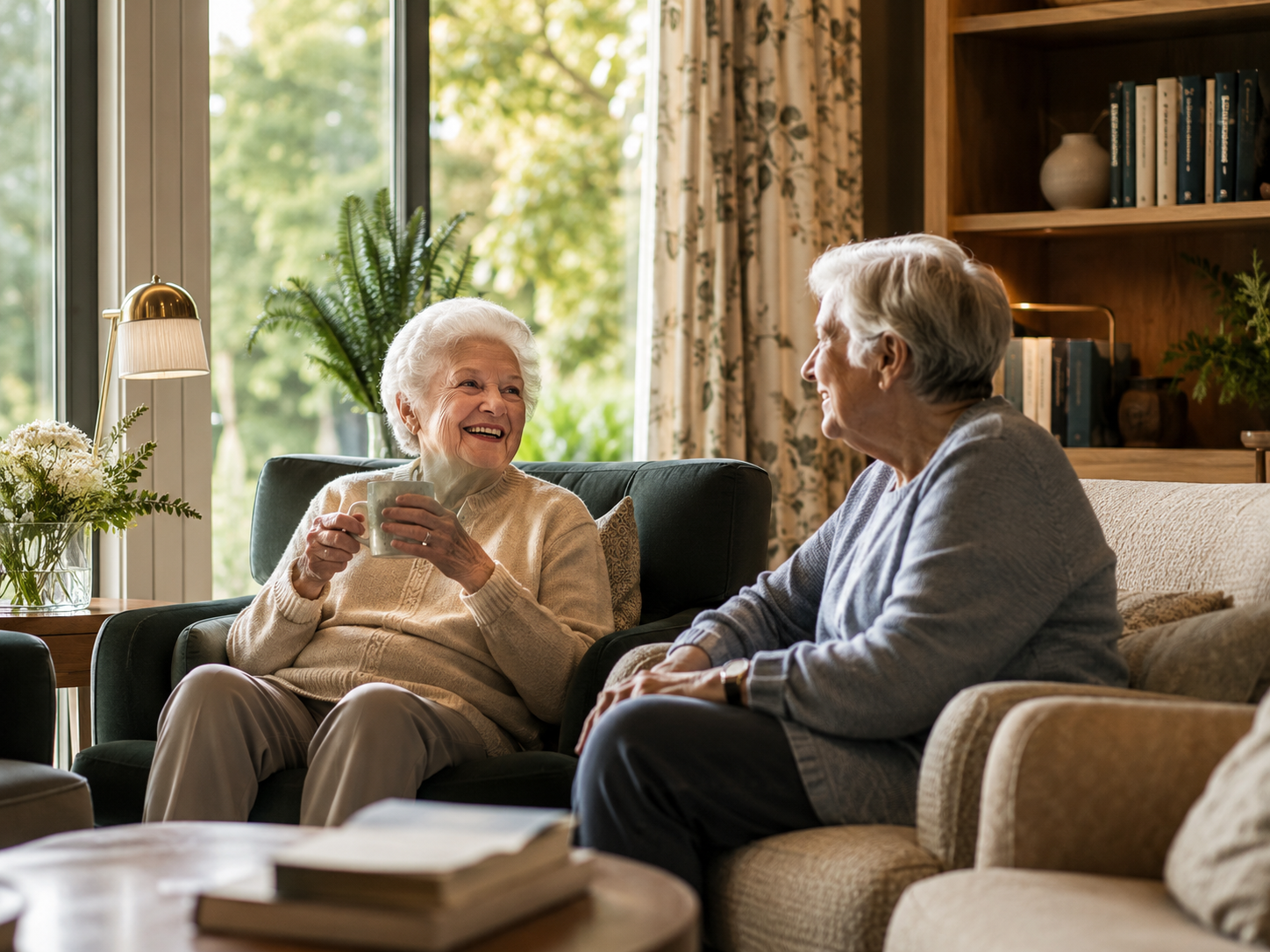 A warm senior living garden patio in soft daylight, calm and green.