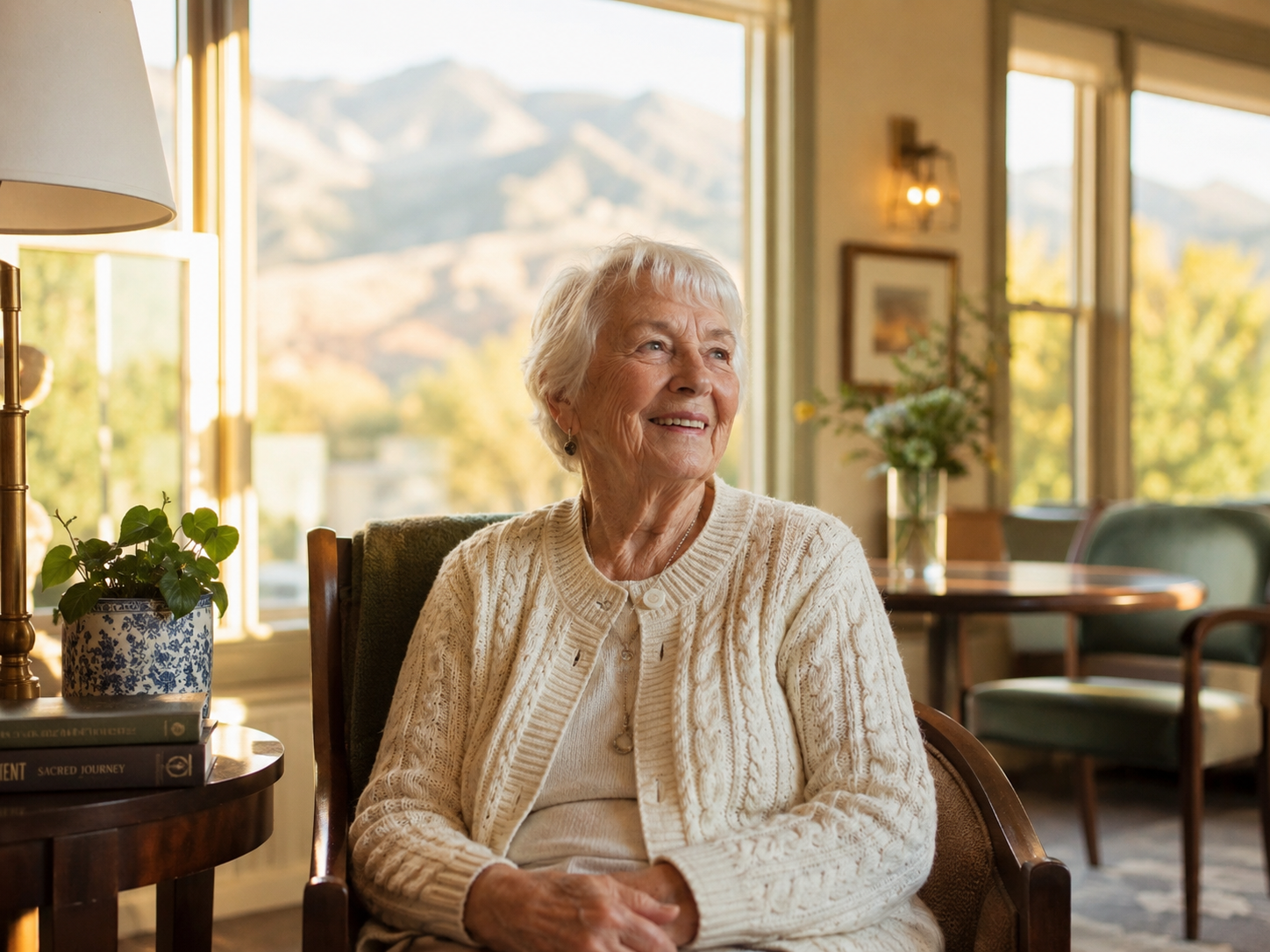 A bright, dignified senior living cottage interior with warm light and soft Utah mountain light beyond.