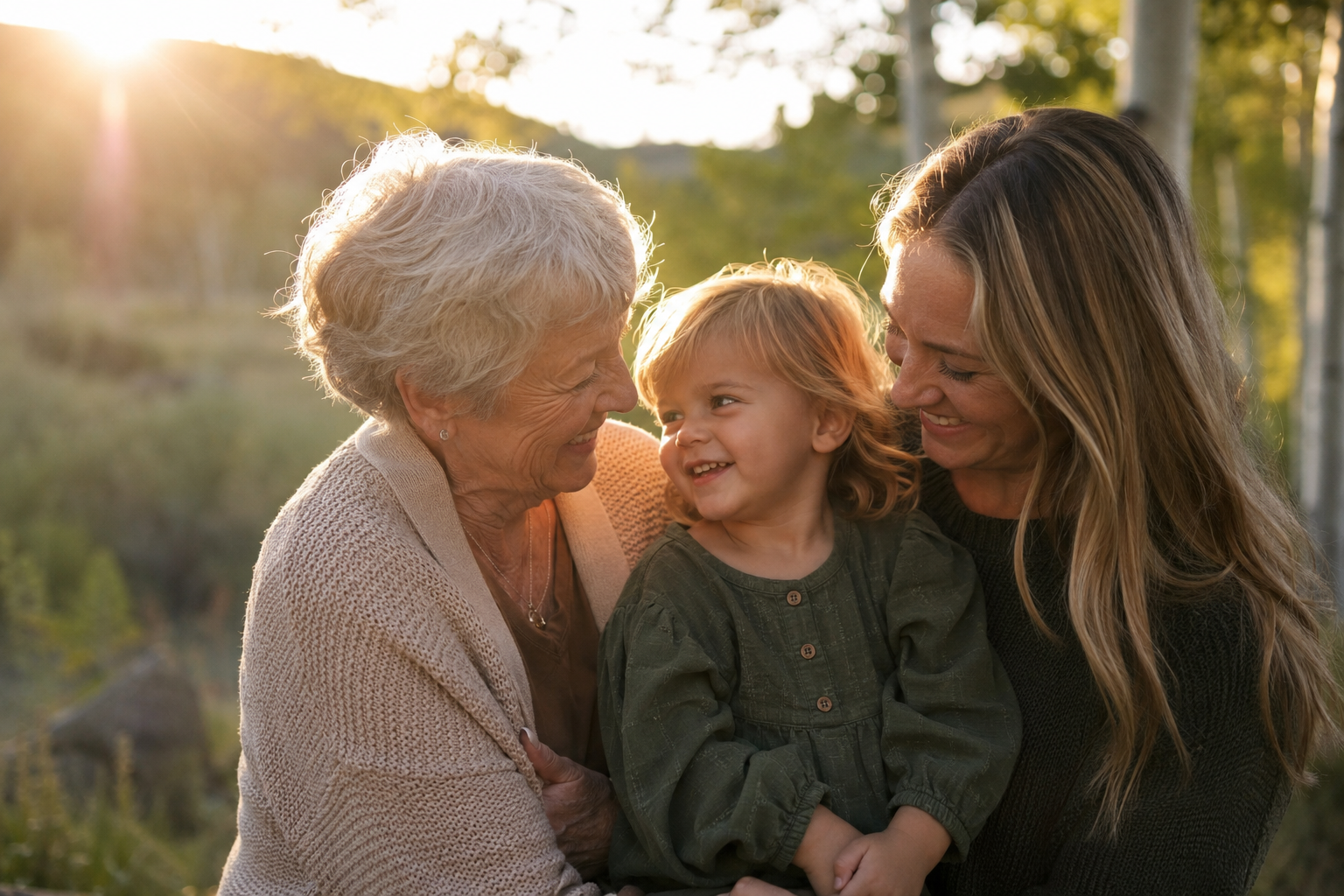 Three generations — an older parent, their adult child, and a grandchild — together outdoors among leafy aspens in golden-hour light.