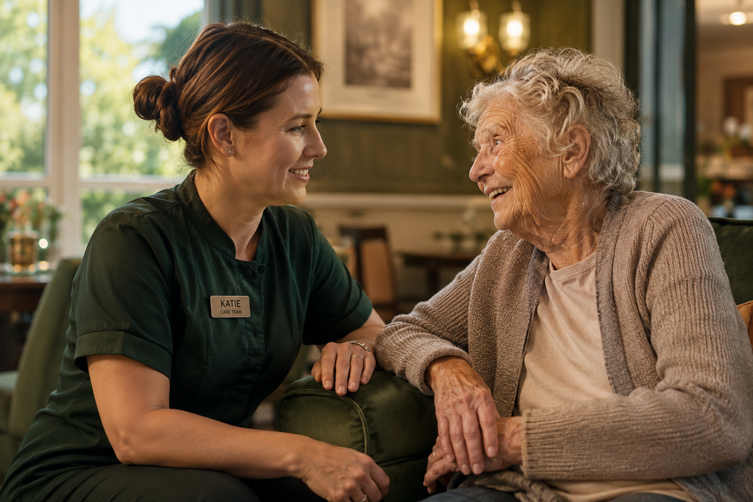 A caregiving team member and an older resident share a genuine, warm exchange in a bright community space.