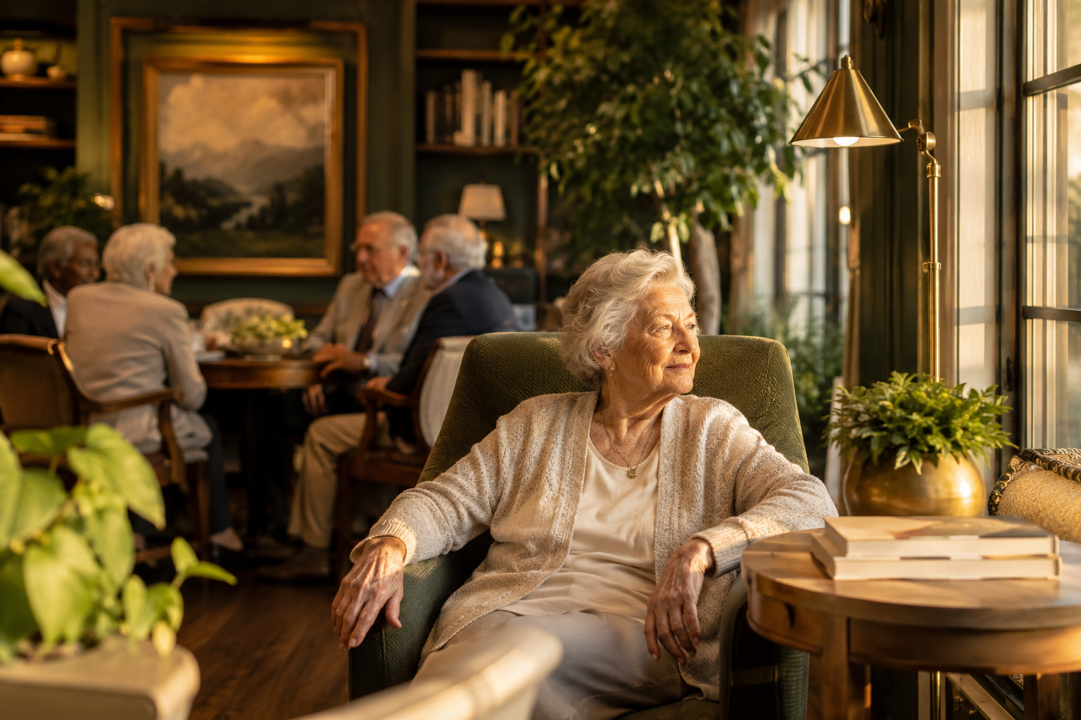 A calm, wide view of a thriving senior living community at golden hour, residents and greenery in soft focus.