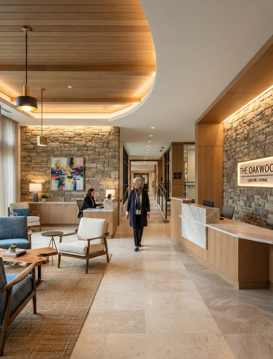 Terracotta senior living residence with white trim, glass balconies, and landscaped gardens with benches.