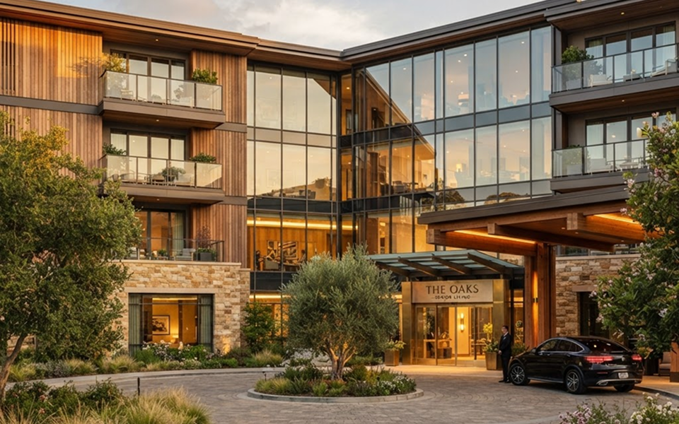 Aerial view of a multi-story senior living community with parking, landscaped grounds, and a pond.
