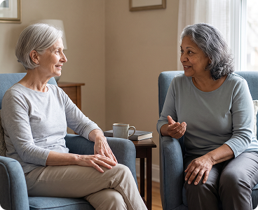 A resident enjoys a quiet, independent moment in a bright community lounge.