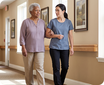 A caregiver and resident share a warm, supportive moment together.
