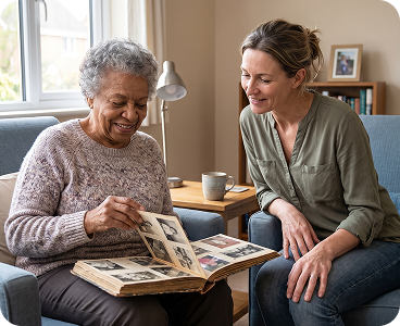A caregiver and resident share a meaningful conversation in a calm lounge.