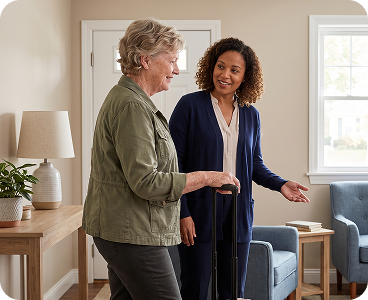 A resident and visitor share tea and conversation in a sunlit room.