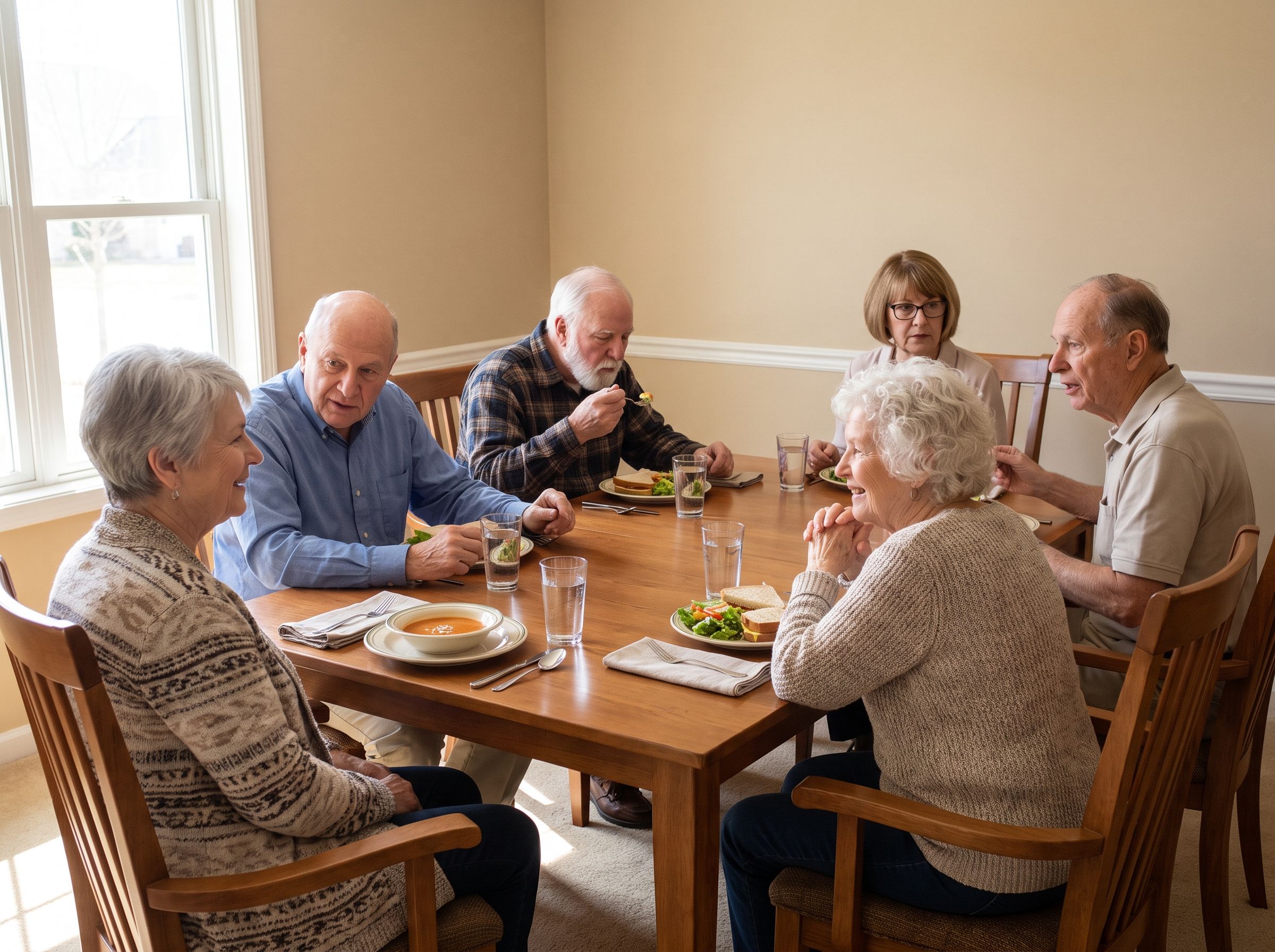 Residents share a warm, lively meal together around a dining table.