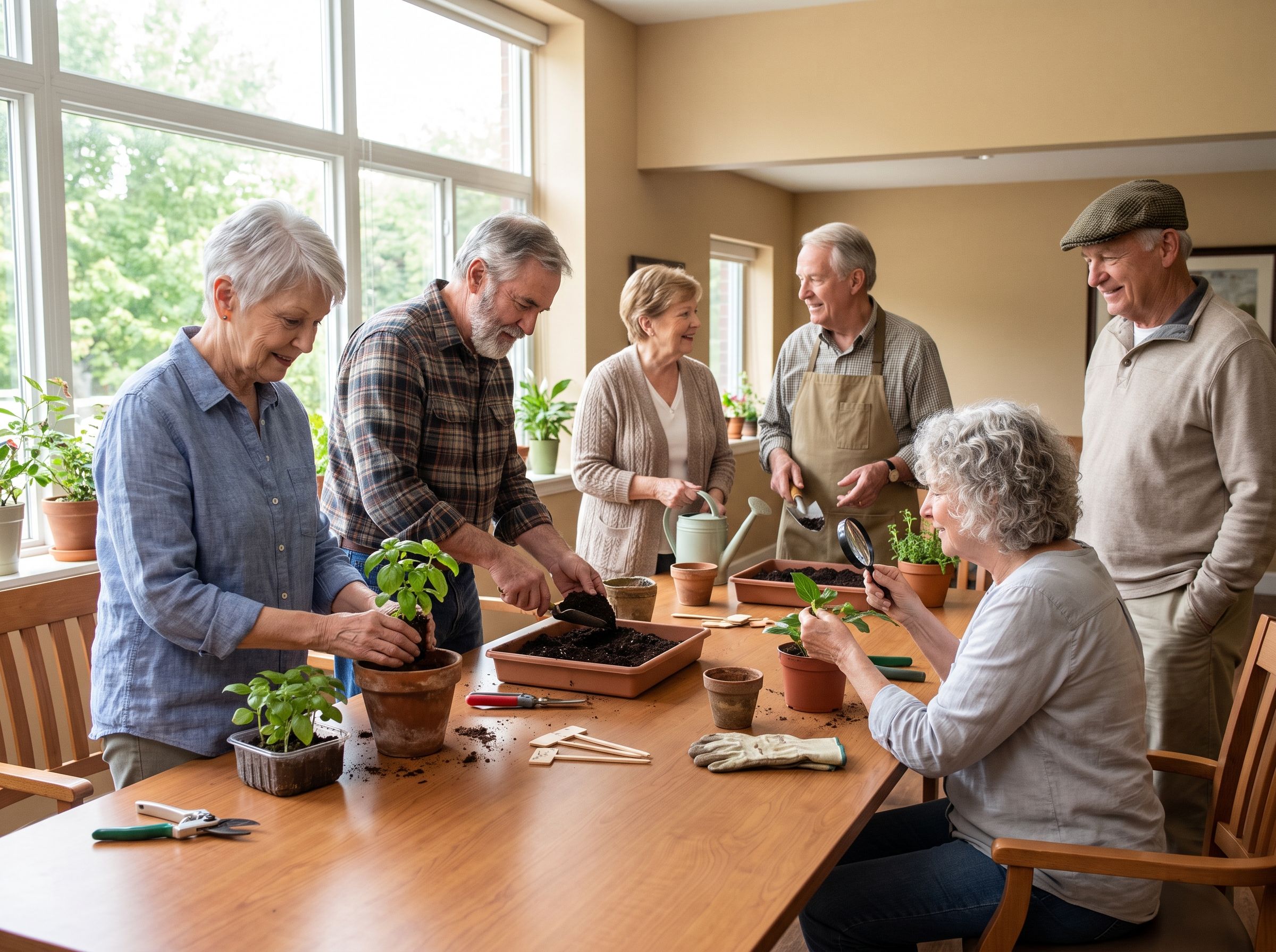 Residents paint at easels during an art activity.