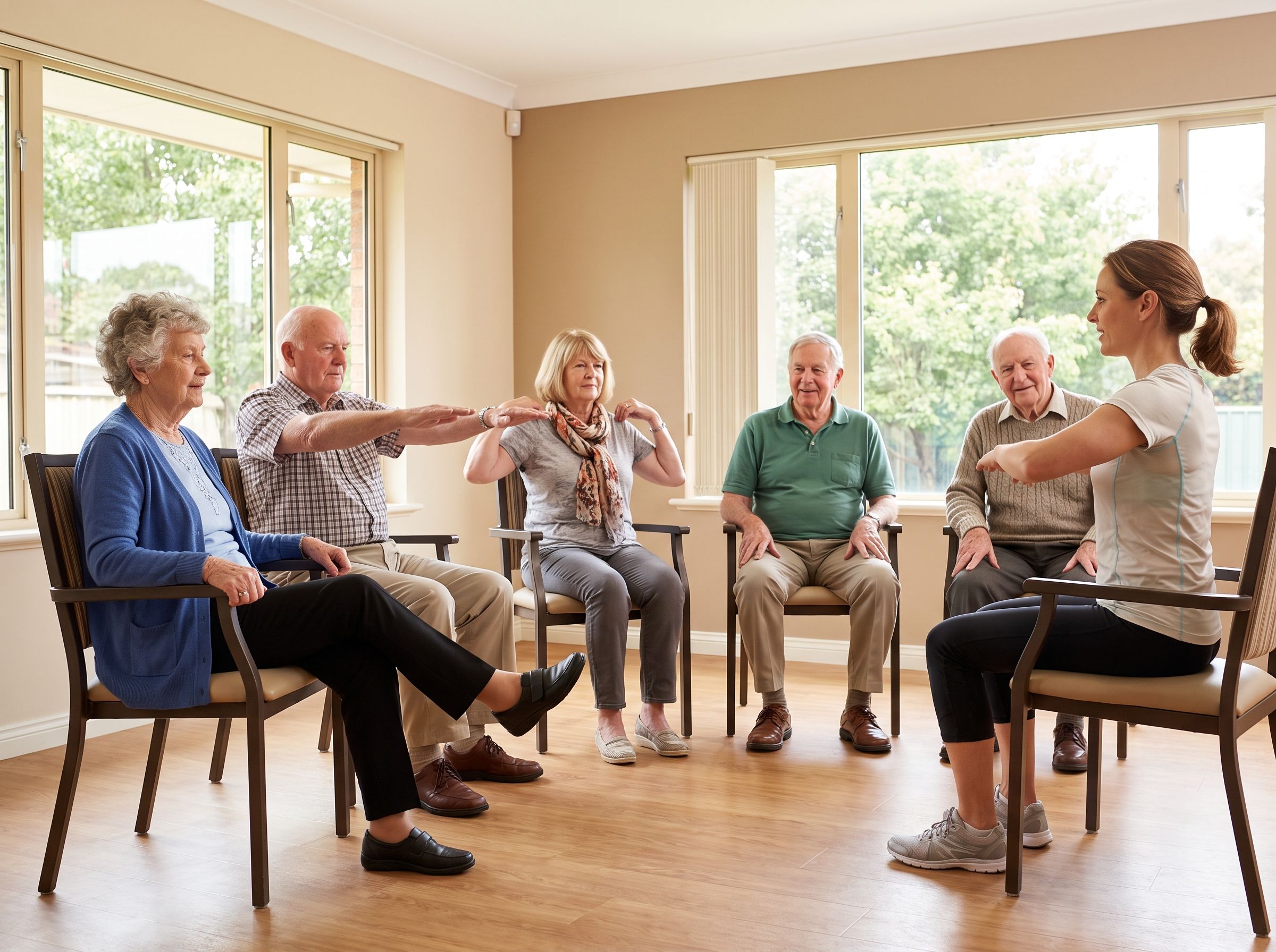 Residents stretch together in a bright wellness class.