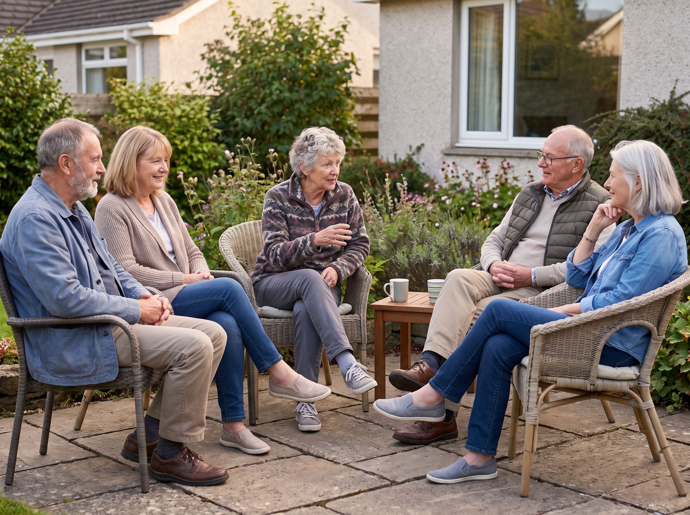 Residents gather outdoors in the evening, talking and celebrating together.