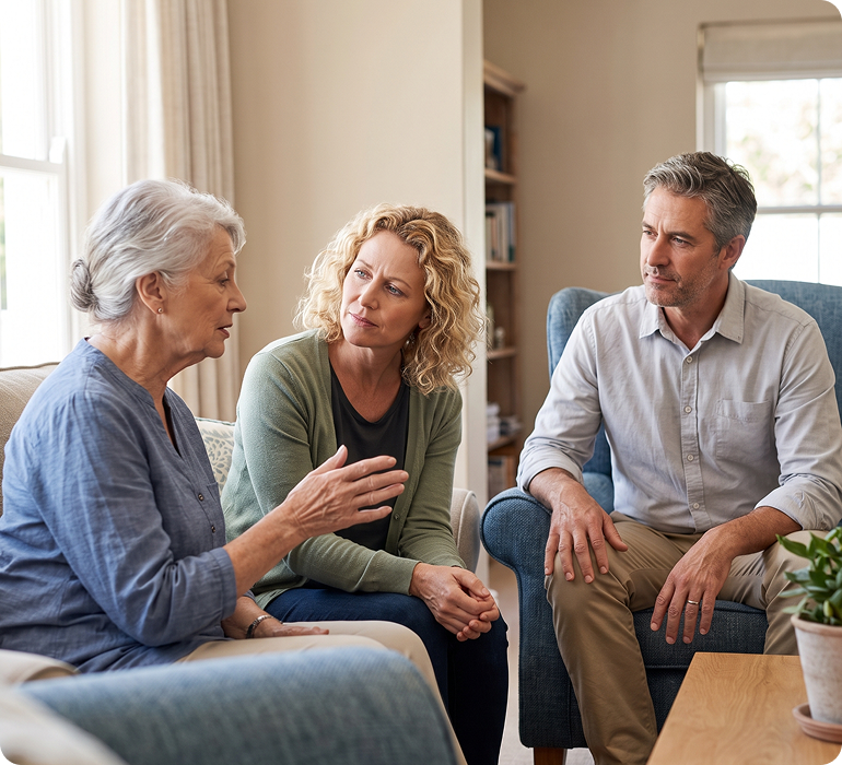 Residents and guests share a warm conversation in a bright senior living community lounge.